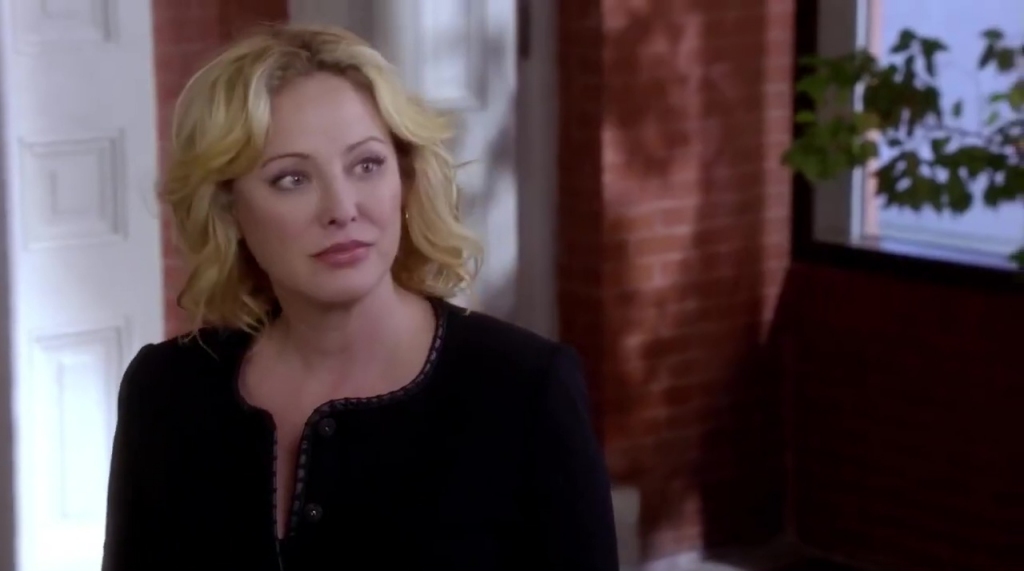 Virginia Madsen as Judy Hammer in Hornet's Nest. She stands outside a brick building, wearing a black jacket with subtle embellishments. Her expression is calm yet observant, as if processing important information.