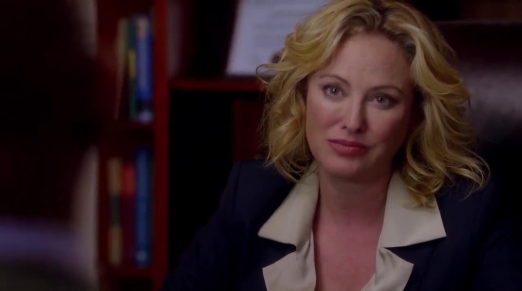 Virginia Madsen as Judy Hammer in Hornet's Nest. She sits in an office, wearing a dark blazer with a cream-colored collar, her expression poised and slightly skeptical. A bookshelf filled with books is visible in the background.