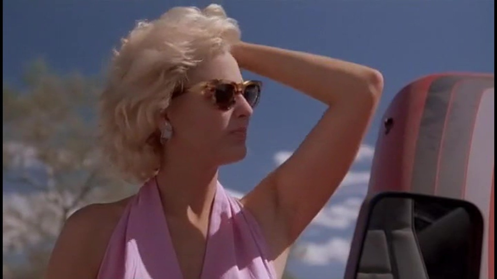 Virginia Madsen as Anne Scholes in Third Degree Burn (1989), standing beside a red-striped vehicle under a bright blue sky. She wears a stylish pink halter dress, cat-eye sunglasses, and pearl earrings, brushing her blonde hair back as she gazes into the distance with a confident, enigmatic expression.